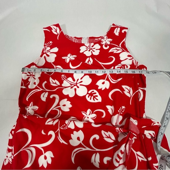 Paunani Hibiscus Sleeveless Mock Wrap Tie Front Midi Hawaiian Sarong Dress - Picture 6 of 10